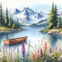 Big lake in the mountains watercolor paint