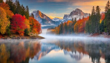 Orange autumn trees reflect their beauty on a quiet lake with mountains