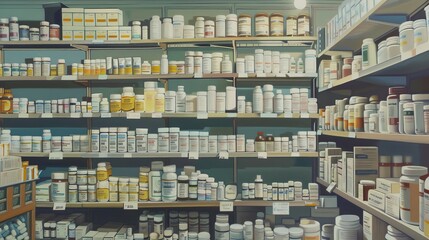 Vintage pharmacy shelf with medicine bottles for retro or medical themed designs