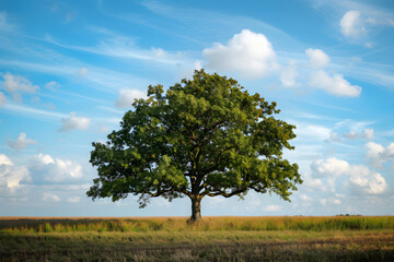 A peaceful and serene landscape with a green oak tree standing alone in a field, portraying the beauty of rural nature. It can be used as a background for nature-themed designs or as a symbol of...