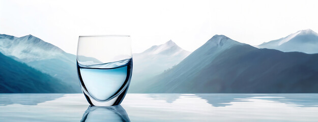 A clear glass of water stands on a reflective surface with misty mountains in the background, highlighting purity and nature.