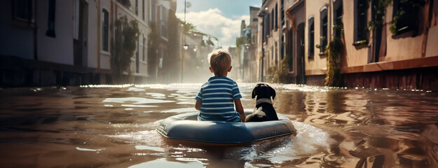 A young boy and his dog float on an inflatable raft in a flooded city street.