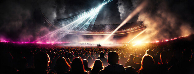 A massive crowd at a concert with vibrant lights and smoke filling the stadium, capturing the excitement and energy of live music.