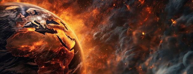 A dramatic image of the Earth engulfed in flames, symbolizing global warming and environmental crisis.