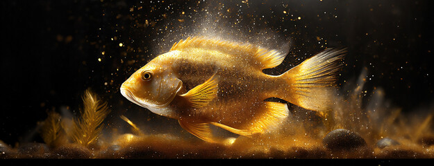 A golden fish swimming in a dark environment, highlighting its vibrant and shimmering beauty.