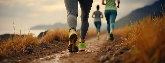 Runners on a trail by the sea, emphasizing the active and healthy lifestyle against a picturesque natural backdrop.