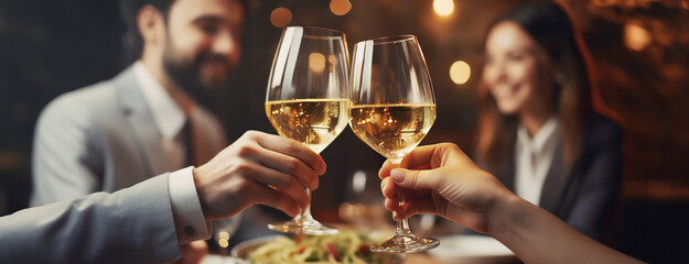 People toasting with wine glasses in a cozy restaurant, celebrating a special occasion with joy and warmth.