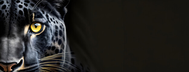 A striking portrait of a leopard with a piercing yellow eye, highlighting its fierce and majestic presence.