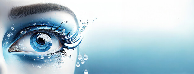 A surreal image of a blue eye with water droplets, blending human and water elements to create a captivating visual.