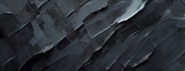 A close-up of a textured black abstract painting, with thick, bold brushstrokes creating a dramatic and moody effect.