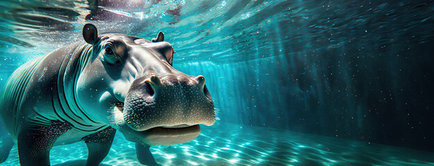 An underwater view of a curious hippopotamus, capturing the playful nature of the animal in its aquatic environment.