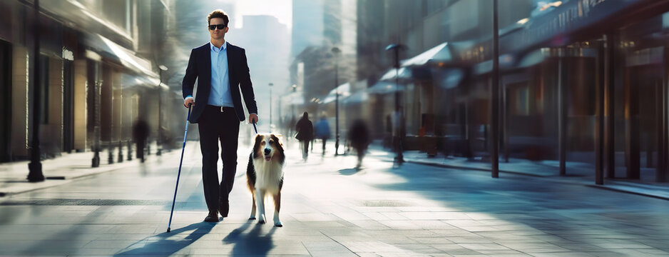 A man with a cane walks confidently with his guide dog through a bustling city street, exemplifying independence and mobility for visually impaired individuals. - Powered by Adobe