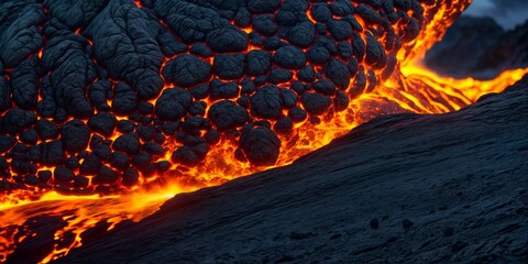 close-up of molten lava flowing from a volcano. The lava is bright orange and has a rough texture.