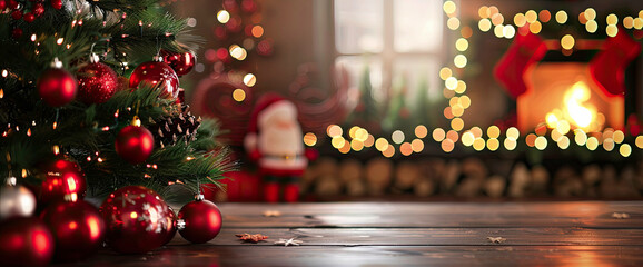 Christmas tree with red ornaments and bokeh lights on wooden table, blurred background of room decorated for Christmas with fireplace and garland decorations.