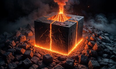 cube made of stone is on fire, surrounded by rocks and smoke.