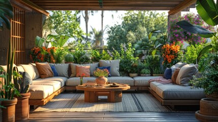 Fototapeta premium urban oasis with tranquil seating nooks and lush potted plants, a secret retreat atop the citys hustle and bustle, rooftop garden concept