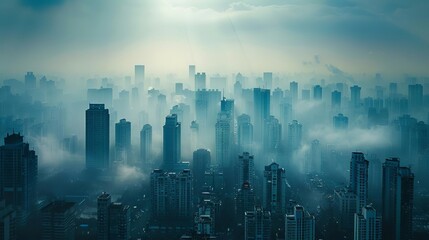 A city skyline obscured by smog and pollution,