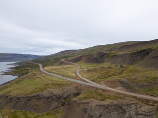 The start of the mountain road across Hjallahals mountain in west Iceland
