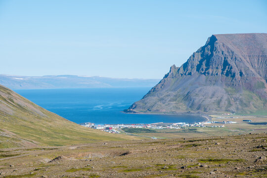 View over town of Bolungarvik in west of Iceland
