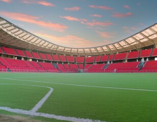 Fototapeta premium Empty Soccer Stadium with Green Pitch and Red Seating, Peaceful Morning Sports Venue