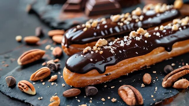 Chocolate-covered eclairs with nuts on dark surface