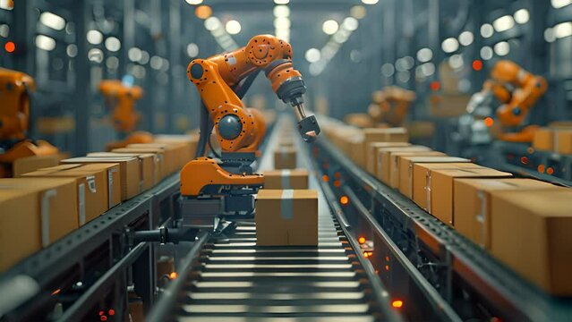 Control unit directs robotic arms in a logistics setting, orchestrating product placement on conveyor belts.generative ai