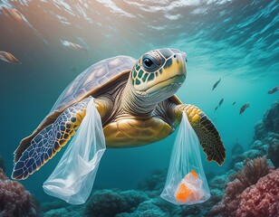 Fototapeta premium Environmental issue of plastic pollution problem. Sea Turtles can eat plastic bags mistaking them for jellyfish Sea turtle trapped in a plastic bag, Stop ocean plastic pollution concept