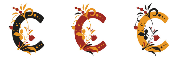 The letter c in the old Russian style in three versions with beautiful curls. Traditional Russian floral motifs. For monogram, invitations, wedding, decoration.