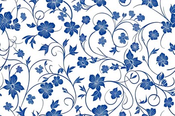 A blue and white floral patterned wallpaper. The flowers are blue and white and the pattern is very intricate