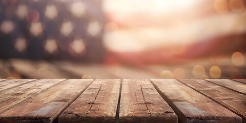 Empty table with part of the American flag blurred in the background