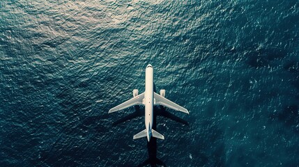 View from above of a passenger or cargo jet plane flying over the vast blue ocean, capturing the...