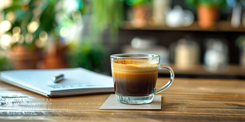 Cup of espresso coffee on work desk