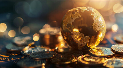 Obraz premium Planet on sale, golden earth globe next to gold coins, success in business, wealth in economy, excess in banking, growth of international finance, money rules the world