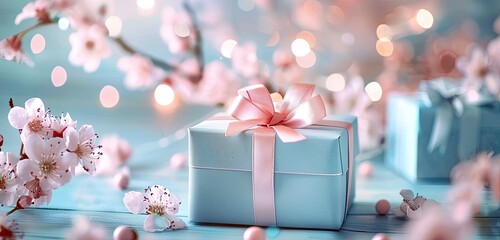 A beautiful gift box with ribbon and bow, with a pastel blue color palette. The background has a bokeh effect with delicate pink flowers. The overall atmosphere should convey warmth