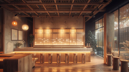 a traditional japanese dining setting a softly lit sushi bar with wooden stools and a classic counter for an authentic experience