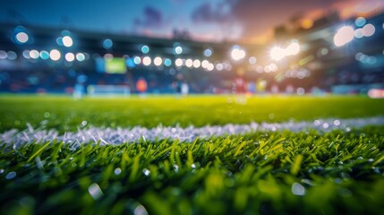 Football, soccer match. Grass close up. Night event lights on the stadium.