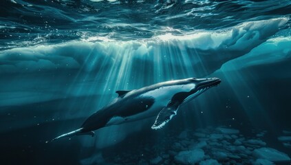Naklejka premium a realistic photo of A minke whale swimming in the icy waters near Greenland