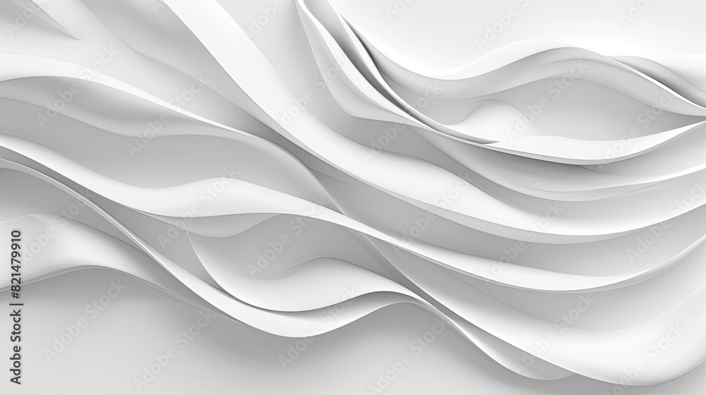 Wall mural Minimalistic abstract background with white 3D paper waves. White glossy soft wavy embossed texture isolated on white background