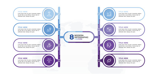 Infographic process design with icons and 8 options or steps.