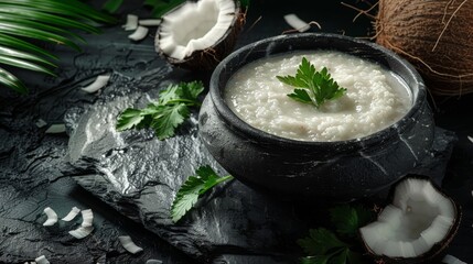 Healthy and Delicious a bowl filled with Coconut chutney is a south indian condiment made with fresh coconut, chilies, spices &amp, herbs placed on a dark rock.