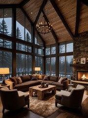 A double-height ceiling living room with a large, floor-to-ceiling window on one side log cabin