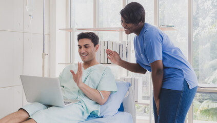 Portrait physical caucasian business man one person sick smile happy laying in bed looking and hand...