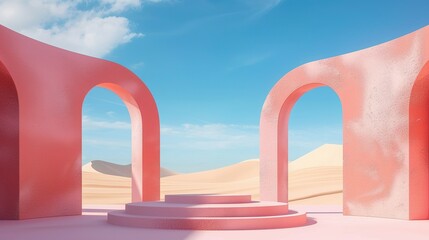 Naklejka premium Panoramic Pastel Landscape: 3D Render with Arches and Product Display Podium