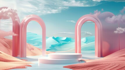 Naklejka premium Minimalist Decor: 3D Render of Surreal Pastel Landscape with Product Podium