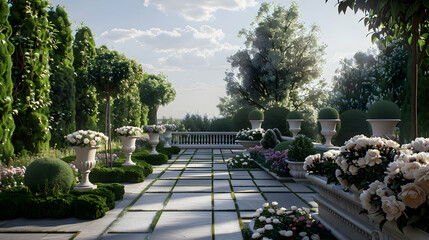 Obraz premium a serene garden scene featuring white flowers and a tall tree under a blue sky with white clouds