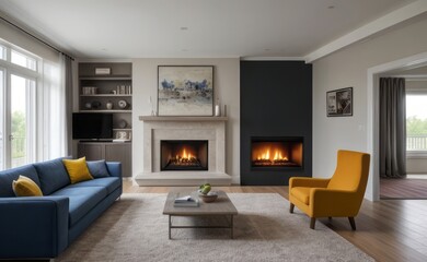 Modern professional photograph of a navy blue and silver luxury living room interior with floor-to-ceiling windows and a cozy fireplace