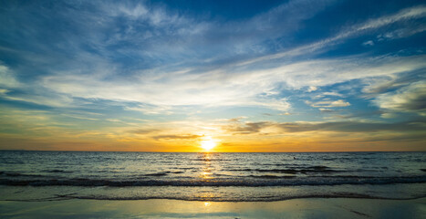 Landscape horizon viewpoint vertical summer season sea beach nobody wind wave holiday calm sunset sky evening day time look calm nature tropical beautiful ocean water travel Koh Muk Trang Thailand