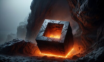 square portal, glowing with an otherworldly light, sits in the center of a rocky cave, surrounded by glowing orange lava.