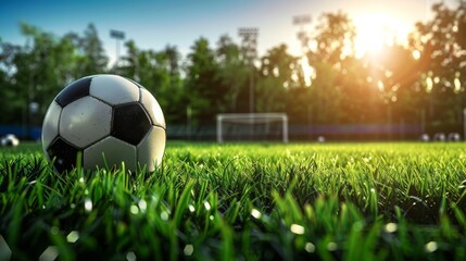 Fototapeta premium Close up photo of soccer ball sitting on lush empty soccer field with green grass illuminated by morning sunlight .