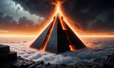 triangular structure with a lava-like texture stands on a rocky platform above the clouds. The platform is made of stone and has a similar texture.